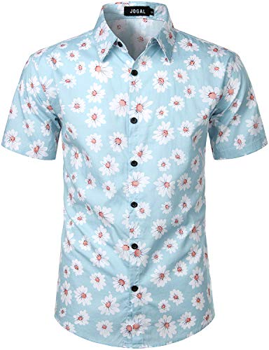 JOGAL Herren Blumen Kurzarm Baumwolle Hawaii Hemd Mittel Himmel blau von JOGAL