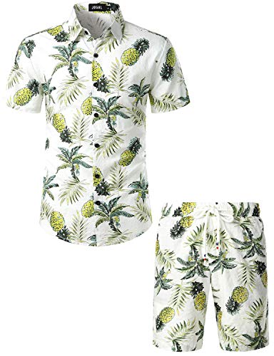 JOGAL Herren Blumen Kurzarm Baumwolle Hawaii Hemd Shorts Set 3X-Large Weiß Türkis von JOGAL