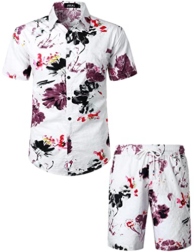 JOGAL Herren Blumen Kurzarm Baumwolle Hawaii Hemd Shorts Set Sommer Strandhemd Männer Groß Weiß Rosa von JOGAL