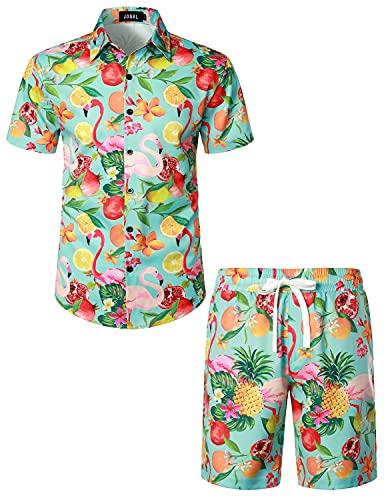 JOGAL Herren Hawaii Hemd Männer Flamingo Kurzarmhemd und Kurze Hose Set Strand Outfit Sommerhemd Für Mann Grün Frucht Flamingo Mittel von JOGAL