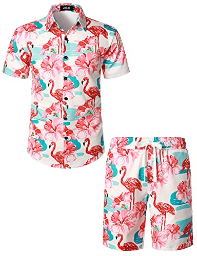 JOGAL Herren Hawaii Hemd Männer Flamingo Kurzarmhemd und Kurze Hose Set Strand Outfit Sommerhemd Für Mann Hibiskus Flamingo Groß von JOGAL