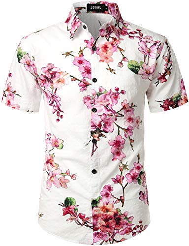 JOGAL Herren Casual Floral Blumenmuster Kurzarm Hawaiihemd 3X-Large Weiß Rosa von JOGAL