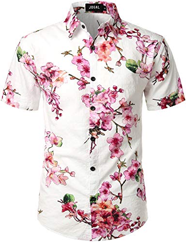 JOGAL Herren Casual Floral Blumenmuster Kurzarm Hawaiihemd Large Weiß Rosa von JOGAL