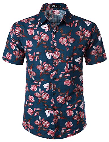 JOGAL Herren Hawaii Hemd Männer Kurzarm Regular Fit Sommer Freizeithemd Marine Rosa Blume X-Large von JOGAL