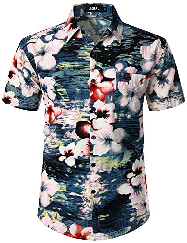 JOGAL Herren Hawaii Hemd Männer Kurzarm Regular Fit Sommer Freizeithemd Seeblauer Hibiskus X-Large von JOGAL