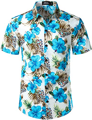 JOGAL Herren Blumen Button Down Kurzarm Hawaiihemd, L, Blau Hibiskus von JOGAL