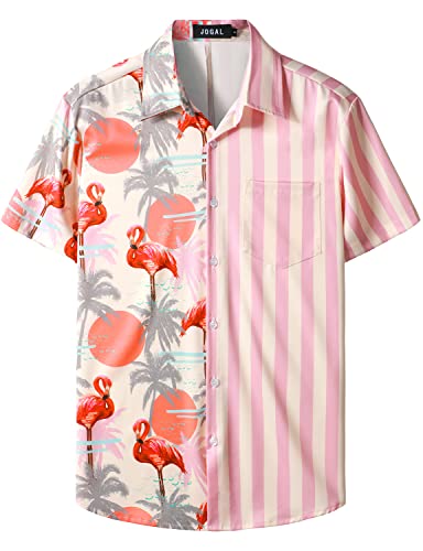 JOGAL Herren Funky Flamingo Hawaiihemd Kurzarm Freizeithemd Blumenmuster Sommerhemd Rosa Baum X-Large von JOGAL