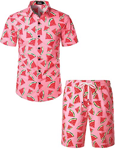 JOGAL Herren Funky Fruit Kurzarm Baumwolle Hawaii Hemd Short Set 3X-Large Rosa Karmesinrot von JOGAL