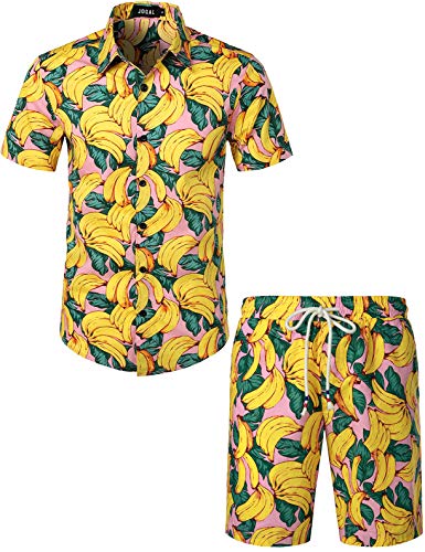JOGAL Herren Funky Fruit Kurzarm Baumwolle Hawaii Hemd Short Set Large Rosa Gelb von JOGAL