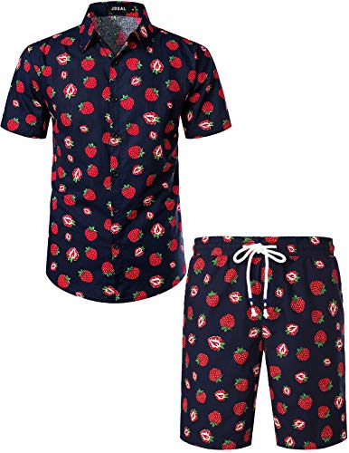 JOGAL Herren Funky Fruit Kurzarm Baumwolle Hawaii Hemd Short Set XX-Large Schwarzblau Rosa von JOGAL