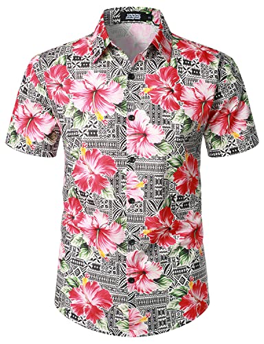 JOGAL Herren Hawaii Hemd Männer Baumwolle Kurzarm Vintage Regular Fit Sommerhemd Schwarz Rosa Klein von JOGAL