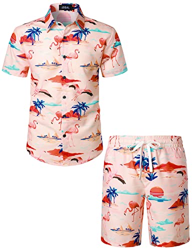 JOGAL Herren Hawaii Hemd Männer Flamingo Kurzarmhemd und Kurze Hose Set Strand Outfit Sommerhemd Für Mann Rosa Mittel von JOGAL