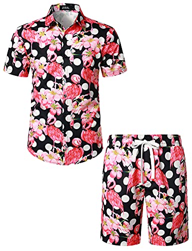 JOGAL Herren Hawaii Hemd Männer Flamingo Kurzarmhemd und Kurze Hose Set Strand Outfit Sommerhemd Für Mann Schwarz Polka Flamingo 3X-Large von JOGAL