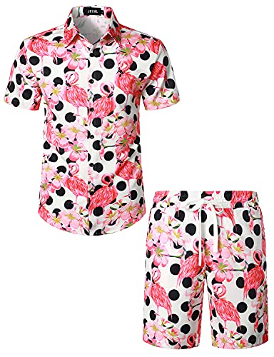 JOGAL Herren Hawaii Hemd Männer Flamingo Kurzarmhemd und Kurze Hose Set Strand Outfit Sommerhemd Für Mann Weiße Polka Flamingo X-Large von JOGAL