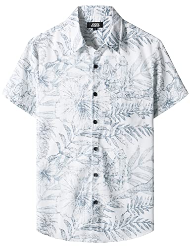 JOGAL Herren Blumen Kurzarm Hawaii Hemd Männer Sommer Strand Button Down Freizeithemd mit Tasche Weiß XX-Large von JOGAL
