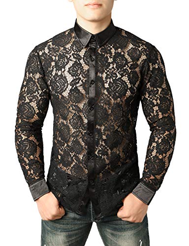 JOGAL Herren Transparent Blumen Spitze Button Down Langarm Hemd, Schwarz Rose, XL von JOGAL