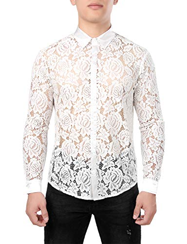 JOGAL Herren Transparent Blumen Spitze Button Down Langarm Hemd XX-Large WeißRose von JOGAL