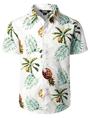 JOGAL Jungen Kurzarm Hawaii Hemd Baumwolle Sommer Freizeit Hemden Für Kinder Jahre 10 Weiß Ananasblätter von JOGAL