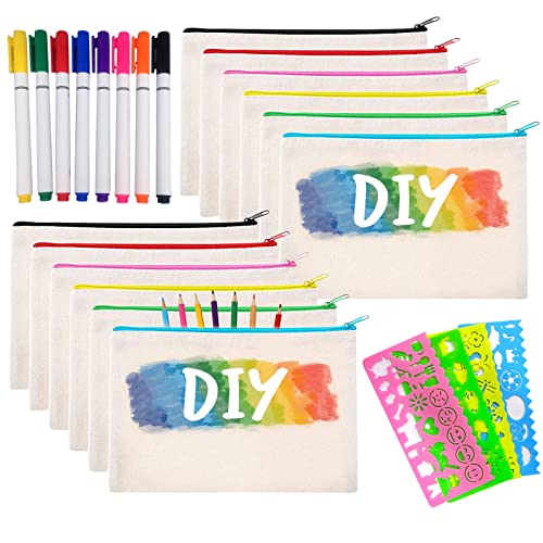 12 Stück DIY Blanko Stoffbeutel, Stoff Federmäppchen, Make up Taschen aus Segeltuch mit Reißverschluss, Stoffbeutel zum Bemalen mit 8 Graffiti Stifte und 4 Zeichenvorlagen für Arbeit Schule Reisen von JOKILY