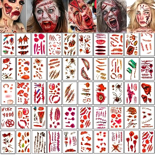 350 Stück Halloween Temporäre Tattoo Aufkleber, Temporäre Tattoos, Wasserdicht Spinnen Narben Kratzer Horror Mund Aufkleber, Vampir Kostüm Accessoires für Kinder Erwachsener Makeup Party Requisiten von JOKILY