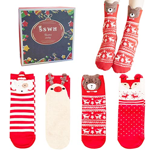 JOKILY 4 Paar Warme Weihnachten Baumwolle Socken, Weihnachten Socken, Weihnachtssocken Damen, Tiermuster Cartoon Strümpfe, Geschenk Weihnachtssocken, Cute Cartoon Wintersocken von JOKILY