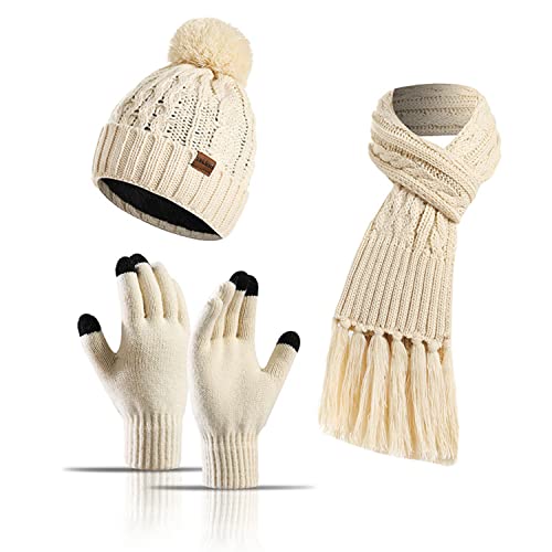 JOMA-E Shop Winter Warm Strickschal Beanie Mütze und Handschuhe Damen Kaltes Wetter Sets Weiche Stretch Mütze Schal und Fäustling Set Mädchen, beige, One size von JOMA-E Shop