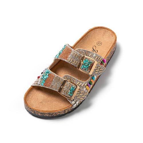 JOMIX Pantoletten Damen Sommer Sandalen mit Kork Fußbett Elegant Flach Hausschuhe Weiche Verstellbaren Riemen Glitzer Kristall Meer Strand Slides (Camel, 40 EU) von JOMIX