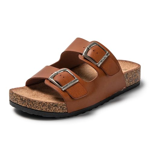 JOMIX Pantoletten Damen Sommer Sandalen mit Kork Fußbett Elegant Flach Hausschuhe Weiche Verstellbaren Schnalle Meer Strand Schlappen (Braun, 40 EU) von JOMIX