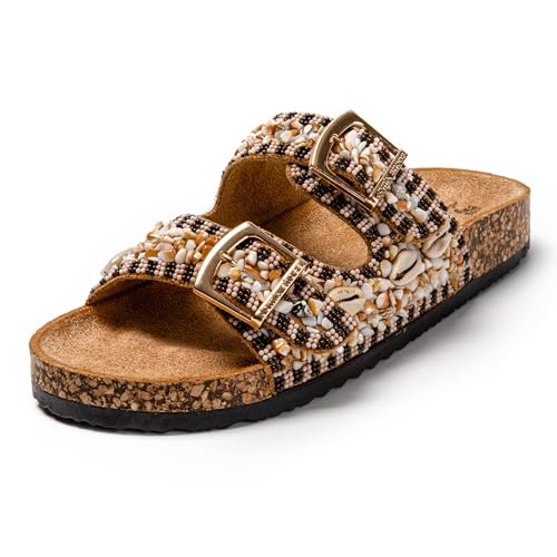 JOMIX Damen-Sandalen für den Sommer, mit Muschel und doppelter Schnalle, für Haus, Pool, Strand, camel, 39 EU von JOMIX