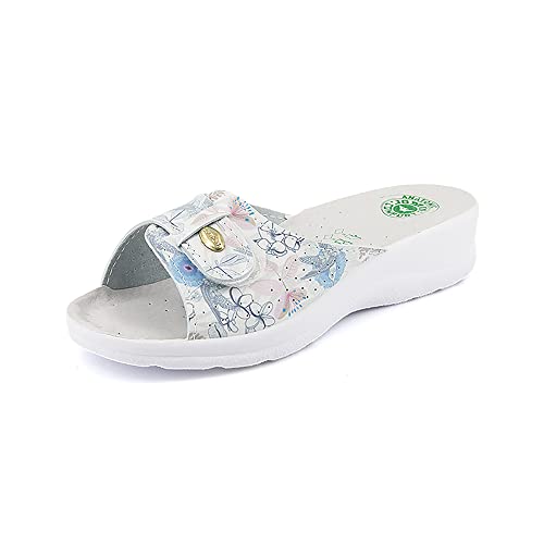 JOMIX Damen Sommer Hausschuhe Orthopädische Pantoletten Leichte Keilabsatz Sandalen Bequeme Badeschuhe Badelatschen Indoor Outdoor (01 Geblüht Blau Edel, 36 EU) von JOMIX