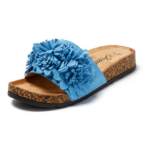 JOMIX Pantoletten Damen Sommer Sandalen mit Kork Fußbett Elegant Flach Strandsandalen Weiche Blumen Wandern Meer Strand Slides (Blau, 36 EU) von JOMIX