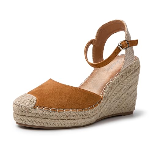 JOMIX Sommer Sandalen Damen Elegant Keilsandalen Espadrilles Plateau Wedges Sandaletten mit Geschlossene Leicht Strandsandalen (Camel, 41 EU) von JOMIX