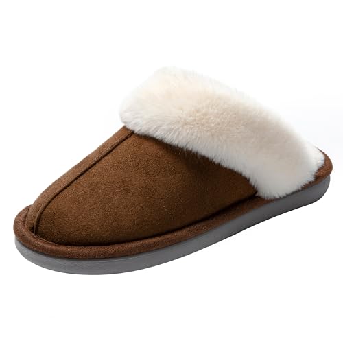 JOMIX Hausschuhe Damen Winter Warme Plüsch Puschen Gefüttert Bequeme Pantoffeln Weiche Rutschfeste Flache Slippers (Dunkelbraun, 39 EU) von JOMIX