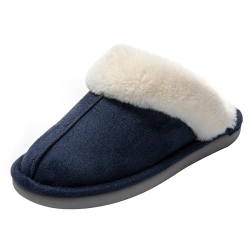 JOMIX Hausschuhe Damen Winter Warme Plüsch Puschen Gefüttert Bequeme Pantoffeln Weiche Rutschfeste Flache Slippers (Navy, 41 EU) von JOMIX