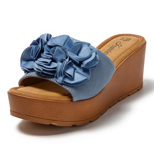 JOMIX Pantoletten Damen Elegant Sandalen mit Absatz Sommer Anatomische Fußbett Plateau Blumen Schlappen Strand Hausschuhe Slipper (Blau, 41 EU) von JOMIX