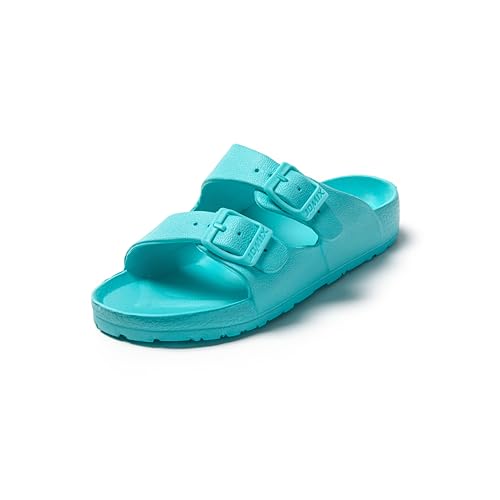 JOMIX Pantoletten Damen Sommer Badeschuhe mit Fussbett Flache Bunte Rutschfest Badelatschen Meer Pool Strand Schwimmen Schnalle Schlappen (Blau, 36 EU) von JOMIX