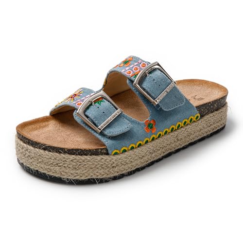 JOMIX Pantoletten Damen Sommer Sandalen mit Kork Fußbett Elegant Plateau Hausschuhe Weiche Verstellbaren Riemen Bequeme Meer Strand Slides (Blau, 38 EU) von JOMIX