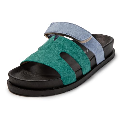 JOMIX Pantoletten Damen Sommer Sandalen mit Kork Fußbett Flach Weiche Badelatschen Wandern Meer Strand Slides (Grün Blau, 37 EU) von JOMIX