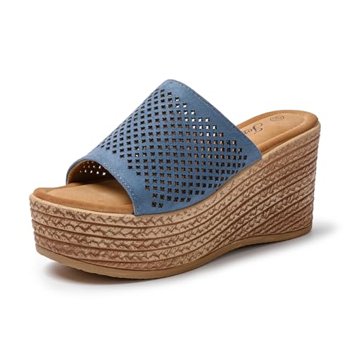 JOMIX Plateau Pantoletten Damen Sandalen mit Weich Fußbett Frauen Sommer Faux Leder Plattform Keilabsatz Schuhe Damen Freizeit Sommerschuhe (Blau, 37 EU, SD9097) von JOMIX