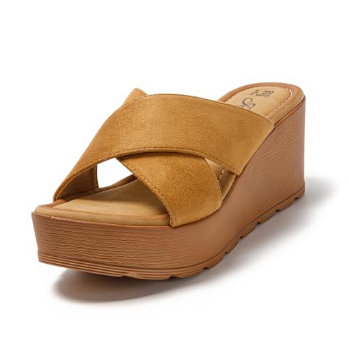 JOMIX Plateau Pantoletten Damen Sandalen mit Weich Fußbett Frauen Sommer Offene Schuhe Kunstleder Plattform Freizeit Sommerschuhe (Braun, 37 EU, SD9118) von JOMIX