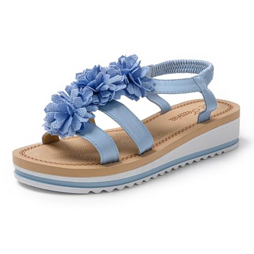 JOMIX Sandalen Damen Elegant Blumen Sandaletten mit Absatz Leicht Niedrig Strandsandalen Sommer Meer Pool Strand Sommerschuhe (Blau, 40 EU) von JOMIX