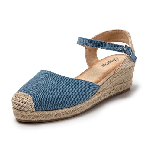 JOMIX Sandalen Damen Espadrilles Plateau Wedges Sandaletten mit Geschlossene Elegant Keilsandalen Leicht Sommer Strandsandalen (Jean Blau, 37 EU) von JOMIX