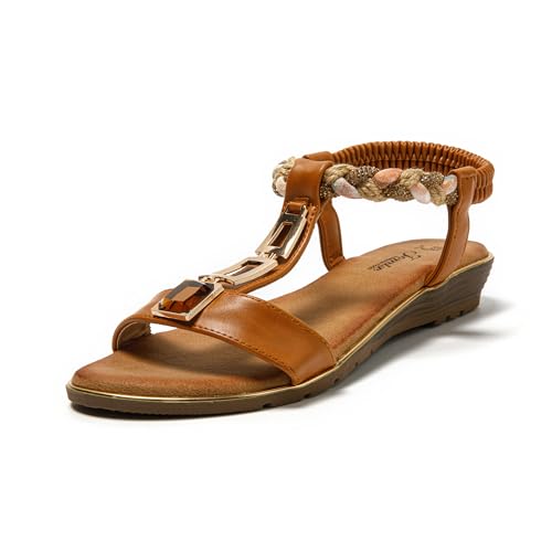 JOMIX Sandalen Damen Sommer Glitter Slipper Elegante Sommerschuhe Bohemian Römersandalen Keilabsatze Pantoletten Sandaletten (Braun, 41 EU, SD9434) von JOMIX