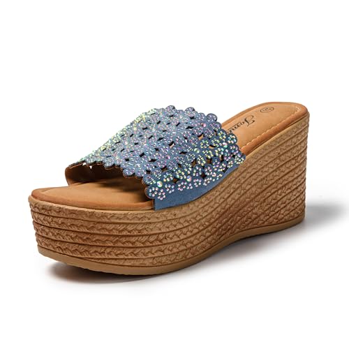 JOMIX Sandalen Damen Sommer Glitter Slipper Elegante Sommerschuhe Bohemian Sommerschuhe Pantoletten (Blau, 41 EU, SD9102) von JOMIX