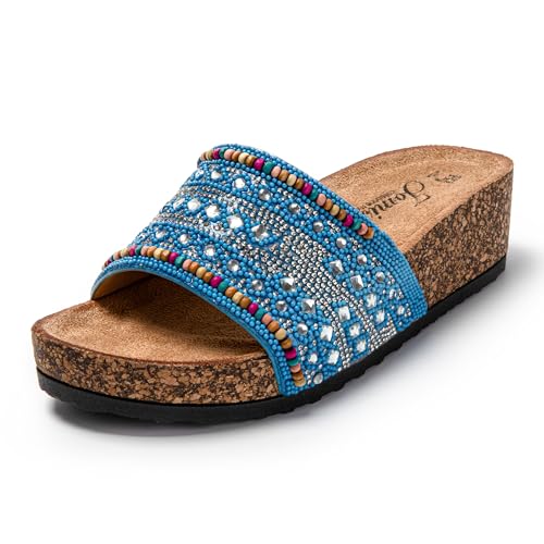 JOMIX Pantoletten Damen Sommer Sandalen mit Kork Fußbett Weiche Boho Keilabsatz Strandsandalen Elegant Glitzer Kristall Strass Wandern Meer Strand Slipper (Blau, 40 EU) von JOMIX