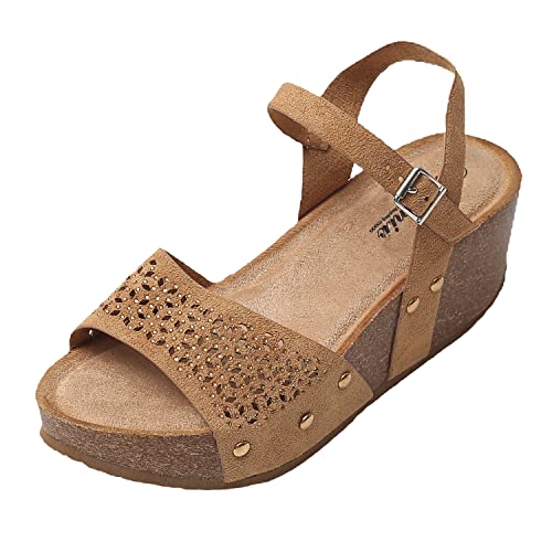 JOMIX Sommer Sandaletten Damen Keilabsatz Sandalen mit Strasssteine Knopfleiste Bequeme Leder Fußbett Meer Strand Outdoor (02 Braun, 37 EU) von JOMIX