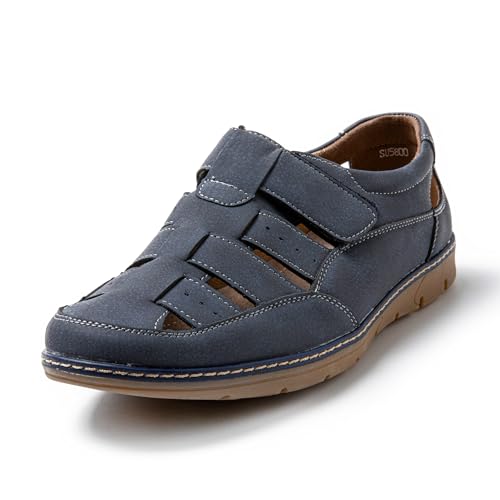 JOMIX Sandalen Herren Leder Klettverschluss Sandaletten mit Klettverschluss Flach Sommer Frauen Schuhe Keilsandalen Elegant (Dunkelblau, 44 EU, SU5800) von JOMIX