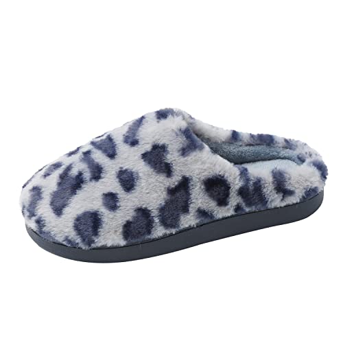 JOMIX Leopard Hausschuhe für Damen Winter Plüsch rutschfest Pantoffeln Warm Dicke Kuschelhausschuhe (Blau 39 EU, MD6032) von JOMIX