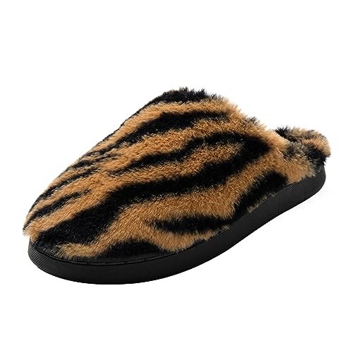 JOMIX Winter Hausschuhe Damen Tiger Zebra Streifen Warme Plüsch Pantoffeln Weiche Puschen Slippers Indoor (Braun, 40 EU) von JOMIX