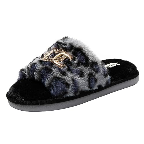 JOMIX Winter Hausschuhe Damen Flauschige Leopard Pantoffeln Warme Plüsch Puschen Indoor (Blau Leopard, 38 EU) von JOMIX